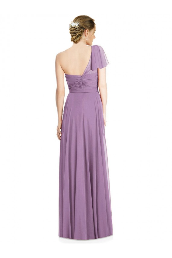 Site de Comprimento Chão Mangas Esvoaçantes Chiffon Lavanda Escura Linha A Vestidos de Madrinha