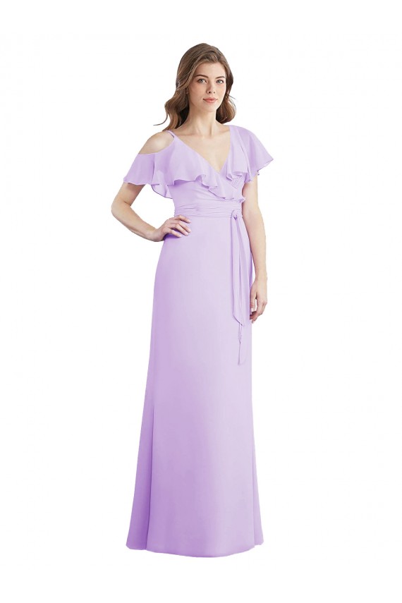 Site de Comprimento Chão Ombro Frio Chiffon Lilás Linha A Ombro Frio Vestidos de Madrinha