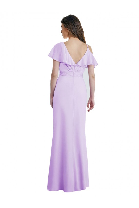 Site de Comprimento Chão Ombro Frio Chiffon Lilás Linha A Ombro Frio Vestidos de Madrinha