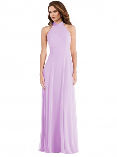 Site de Comprimento Chão Sem Mangas Chiffon Lilás Linha A Sem Mangas Cabeçada Vestidos de Madrinha