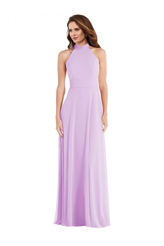 Site de Comprimento Chão Sem Mangas Chiffon Lilás Linha A Sem Mangas Cabeçada Vestidos de Madrinha