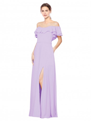 Site de Comprimento Chão Sem Mangas Chiffon Lilás Linha A Sem Mangas Fora do Ombro Vestidos de Madrinha