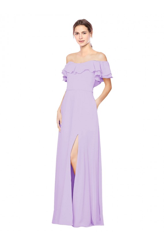 Site de Comprimento Chão Sem Mangas Chiffon Lilás Linha A Sem Mangas Fora do Ombro Vestidos de Madrinha