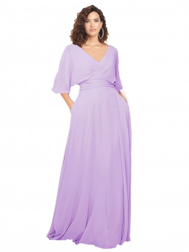 Site de Comprimento Chão Mangas 1/2 Chiffon Lilás Linha A Vestidos de Madrinha