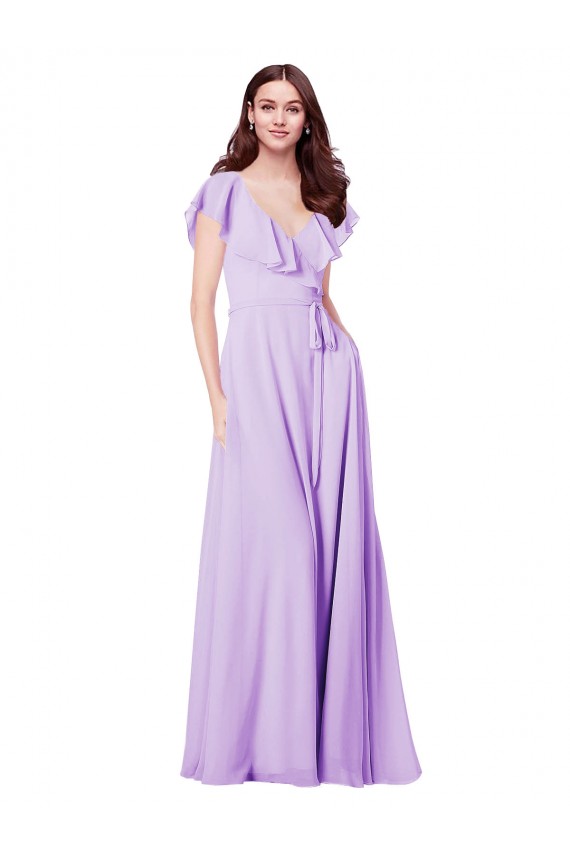 Site de Comprimento Chão Mangas Curtas Chiffon Lilás Linha A Vestidos de Madrinha
