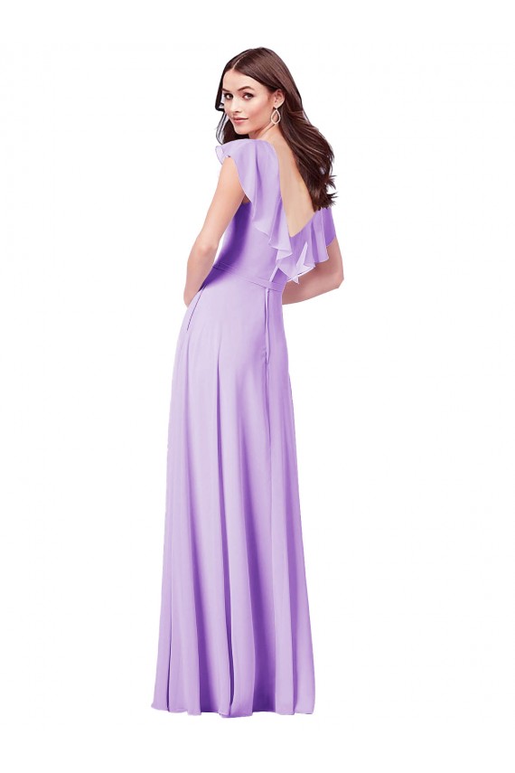 Site de Comprimento Chão Mangas Curtas Chiffon Lilás Linha A Vestidos de Madrinha