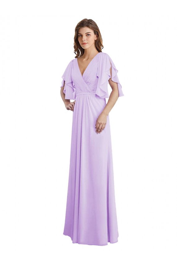 Site de Comprimento Chão Mangas Esvoaçantes, Mangas Divididas Chiffon Lilás Linha A Vestidos de Madrinha