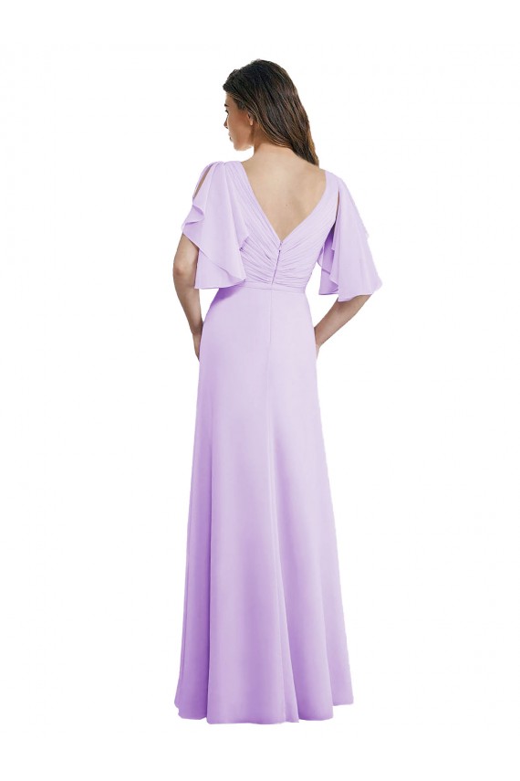 Site de Comprimento Chão Mangas Esvoaçantes, Mangas Divididas Chiffon Lilás Linha A Vestidos de Madrinha