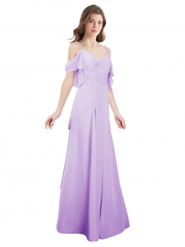 Site de Comprimento Chão Ombro Frio Chiffon Lilás Linha A Vestidos de Madrinha