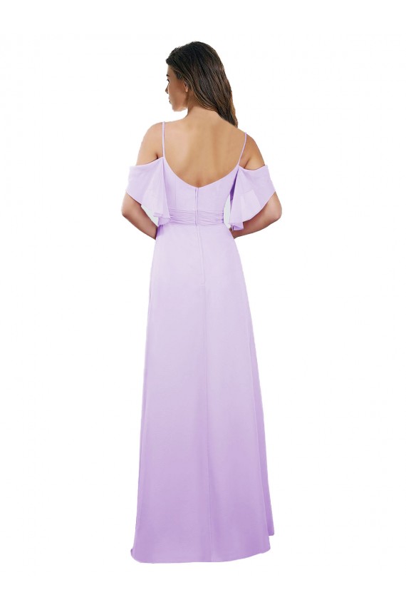 Site de Comprimento Chão Ombro Frio Chiffon Lilás Linha A Vestidos de Madrinha
