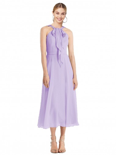 Site de Comprimento Chá Sem Mangas Chiffon Lilás Linha A Vestidos de Madrinha / Vestidos de Cocktail