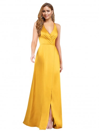 Site de Alto Baixo Sem Mangas Cetim Sedoso Linha A Vestidos de Madrinha / Vestidos de Noite / Vestidos de Festa