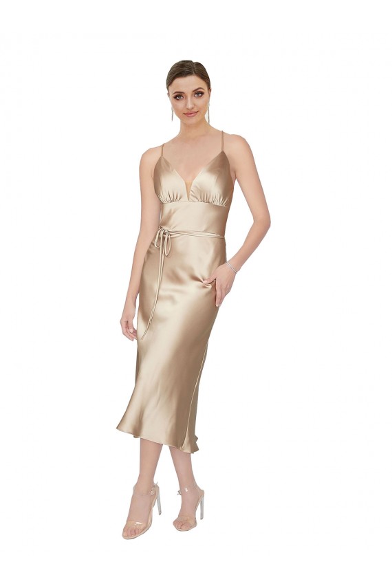 Site de Comprimento Midi Sem Mangas Cetim Sedoso Linha A Vestidos de Madrinha / Vestidos de Noite / Vestidos de Festa / Vestidos de Cocktail