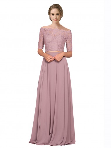 Site de Comprimento Chão Mangas Curtas Chiffon & Renda Linha A Vestidos de Madrinha / Vestidos de Festa