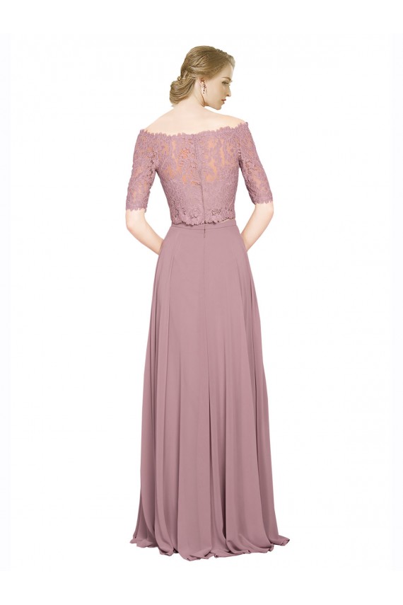 Site de Comprimento Chão Mangas Curtas Chiffon & Renda Linha A Vestidos de Madrinha / Vestidos de Festa