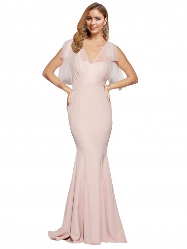 Site de Comprimento Chão Sem Mangas Crepe Esticado & Tule Malva Bainha Vestidos de Madrinha / Vestidos de Noite / Vestidos de Festa