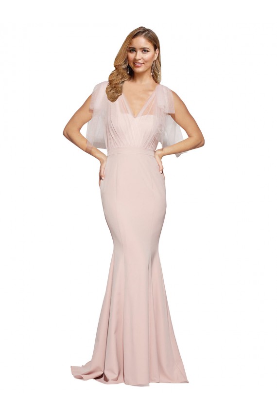 Site de Comprimento Chão Sem Mangas Crepe Esticado & Tule Malva Bainha Vestidos de Madrinha / Vestidos de Noite / Vestidos de Festa