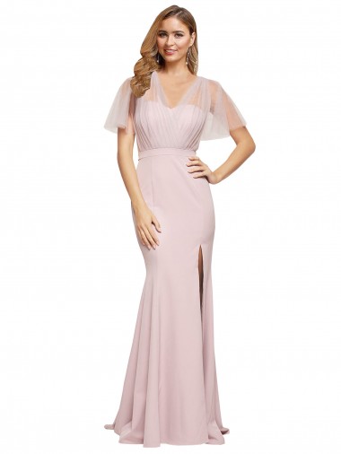 Site de Comprimento Chão Mangas Curtas Crepe Esticado & Tule Malva Bainha Vestidos de Madrinha / Vestidos de Noite / Vestidos de Festa