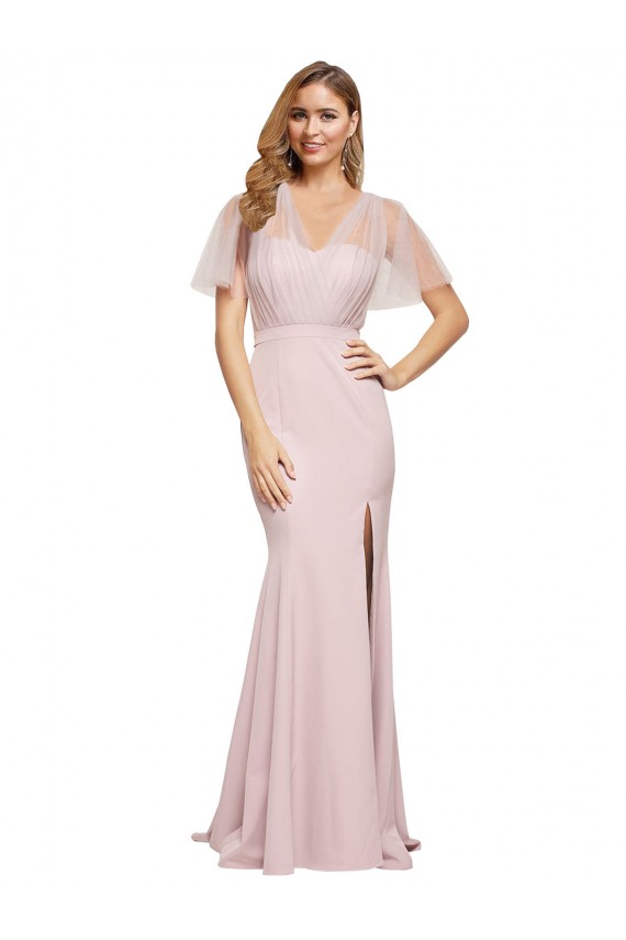 Site de Comprimento Chão Mangas Curtas Crepe Esticado & Tule Malva Bainha Vestidos de Madrinha / Vestidos de Noite / Vestidos de Festa