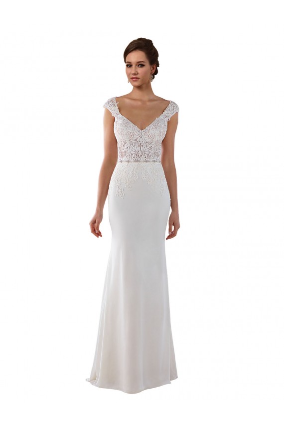 Site de Comboio Capela Mangas Curtas Renda & Crepe Esticado Marfim Bainha Vestidos de Noiva