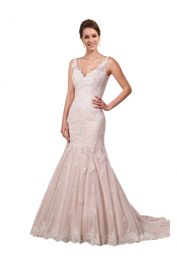 Site de Comboio Capela Sem Mangas Tule & Renda Marfim & Blush Sereia Vestidos de Noiva