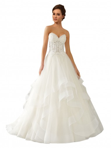 Site de Comboio Capela Sem Mangas Cetim & Tule & Renda Marfim Vestido de Baile Vestidos de Noiva