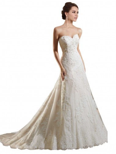Site de Comboio Capela Sem Mangas Tule & Renda Marfim & Champanhe Linha A Sem Mangas Longo Amor Vestidos de Noiva
