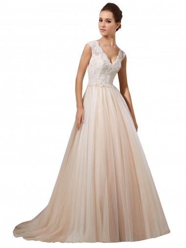 Site de Comboio Capela Sem Mangas Tule & Renda Marfim & Champanhe Linha A Sem Mangas Decote V Vestidos de Noiva