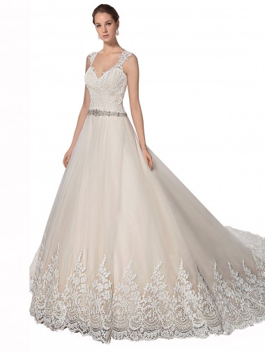 Site de Comboio Capela Sem Mangas Tule & Renda Marfim & Champanhe Linha A Sem Mangas Amor Vestidos de Noiva