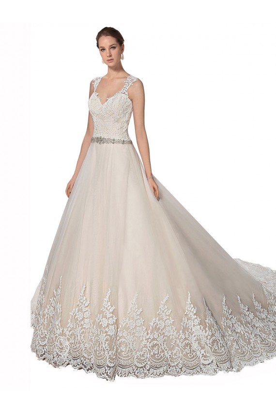 Site de Comboio Capela Sem Mangas Tule & Renda Marfim & Champanhe Linha A Sem Mangas Amor Vestidos de Noiva