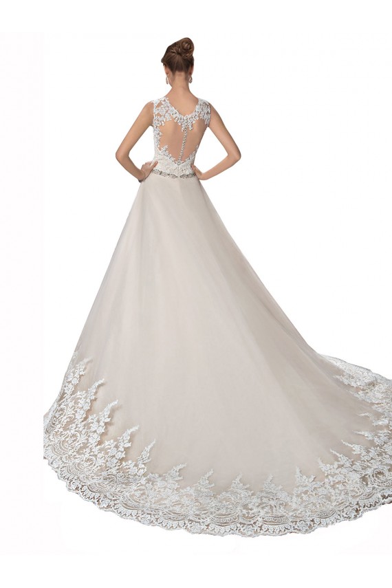 Site de Comboio Capela Sem Mangas Tule & Renda Marfim & Champanhe Linha A Sem Mangas Amor Vestidos de Noiva