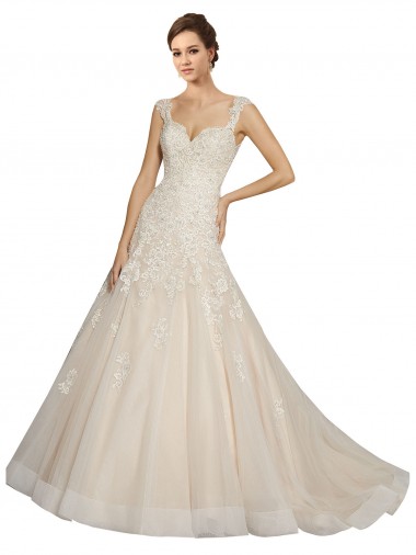Site de Comboio Capela Sem Mangas Tule & Renda Marfim & Champanhe Sereia Vestidos de Noiva