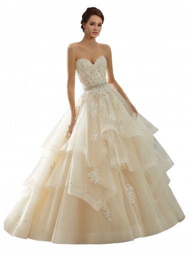 Site de Comboio Capela Sem Mangas Tule & Renda Marfim & Champanhe Vestido de Baile Vestido de Noiva