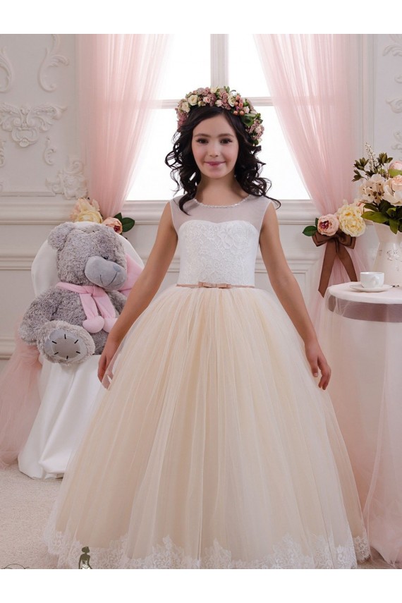 Site de Comprimento Chão Sem Mangas Tule & Renda Marfim & Champanhe Vestido de Baile Vestidos para Meninas de Flores