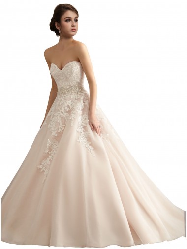 Site de Comboio Catedral Sem Mangas Tule & Renda Marfim & Champanhe Vestido de Baile Vestidos de Noiva