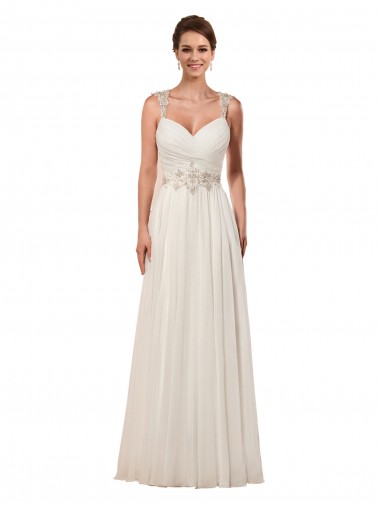 Site de Comboio Capela Sem Mangas Chiffon Marfim Bainha Sem Mangas Amor Vestidos de Noiva