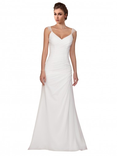 Site de Comboio Capela Sem Mangas Chiffon Marfim Bainha Sem Mangas Decote V Vestidos de Noiva