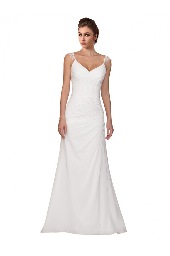 Site de Comboio Capela Sem Mangas Chiffon Marfim Bainha Sem Mangas Decote V Vestidos de Noiva
