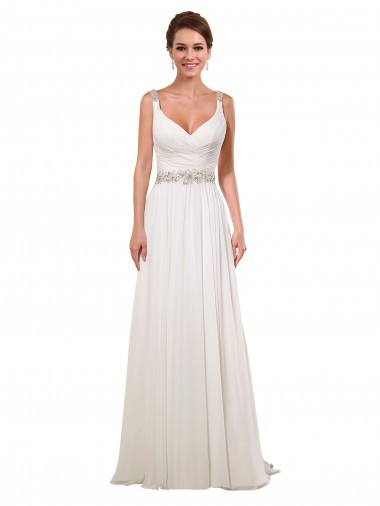 Site de Comboio Capela Sem Mangas Chiffon Marfim Bainha Vestidos de Noiva Clássicos