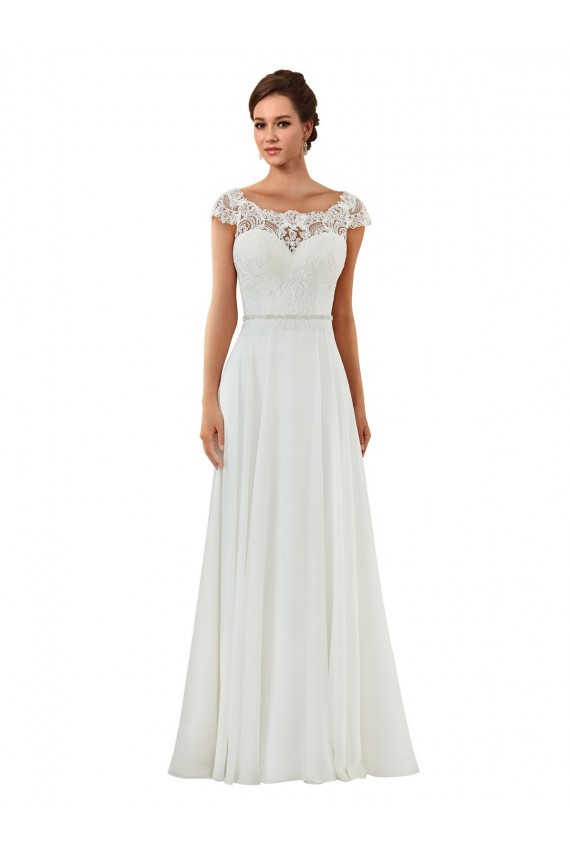 Site de Comboio Capela Mangas Curtas Chiffon Marfim Linha A Vestidos de Noiva