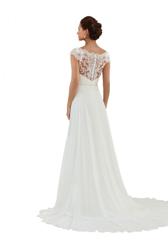 Site de Comboio Capela Mangas Curtas Chiffon Marfim Linha A Vestidos de Noiva