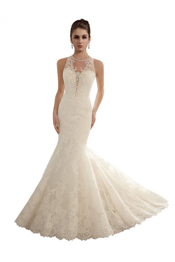 Site de Comboio Capela Sem Mangas Renda Marfim Sereia Vestidos de Festa / Vestidos de Madrinha