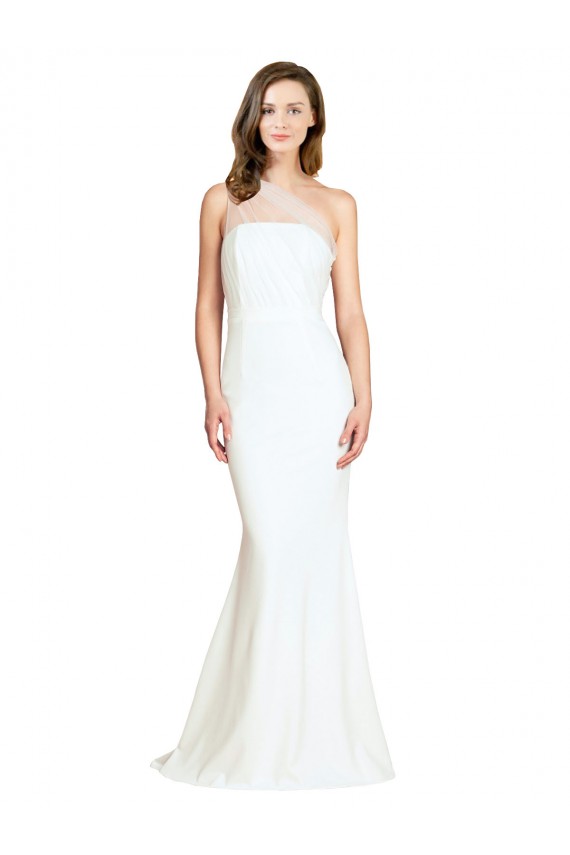 Site de Comboio Varredela Sem Mangas Crepe Esticado & Tule Marfim Sereia Vestidos de Madrinha / Vestidos de Noite
