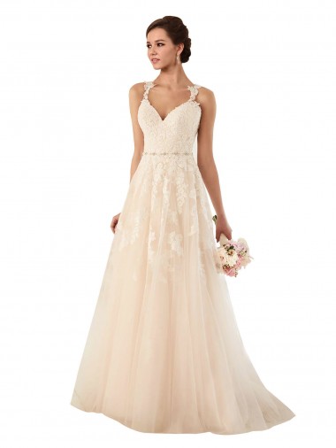 Site de Comboio Capela Sem Mangas Tule & Renda Marfim Linha A Sem Mangas Longo Amor Vestidos de Noiva