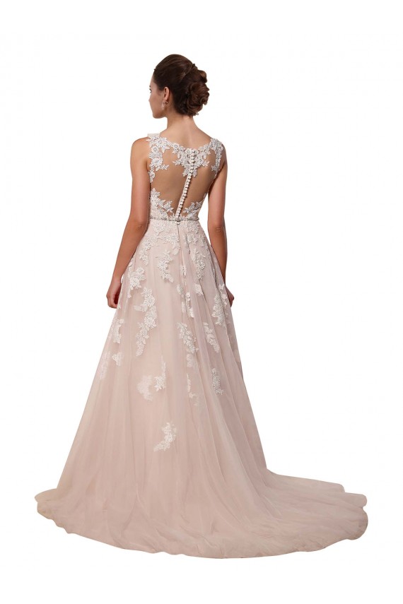 Site de Comboio Capela Sem Mangas Tule & Renda Marfim Linha A Sem Mangas Longo Amor Vestidos de Noiva