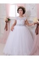 Site de Comboio Capela Mangas Curtas Tule & Renda Marfim Vestido de Baile Vestidos para Meninas de Flores