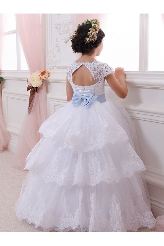 Site de Comboio Capela Mangas Curtas Tule & Renda Marfim Vestido de Baile Vestidos para Meninas de Flores