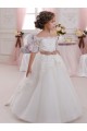 Site de Comprimento Chão Mangas Curtas Tule & Renda Marfim Vestido de Baile Mangas Curtas Decote Alto Vestidos para Meninas de Flores