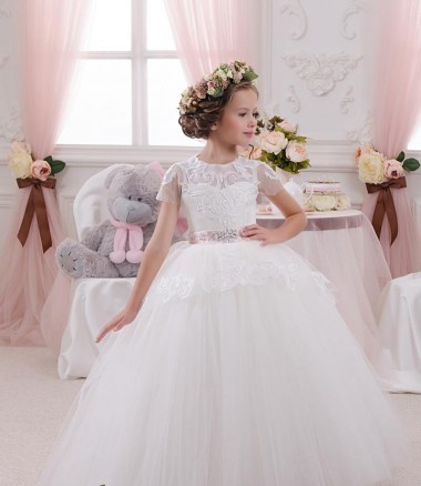 Site de Comprimento Chão Sem Mangas Tule & Renda Marfim Vestido de Baile Sem Mangas Amor Vestidos para Meninas de Flores