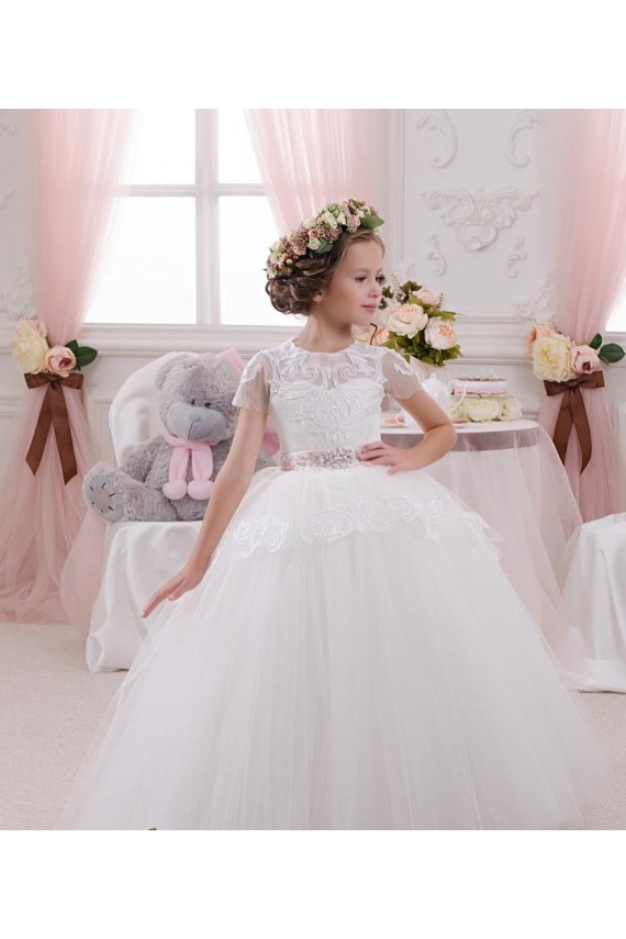 Site de Comprimento Chão Sem Mangas Tule & Renda Marfim Vestido de Baile Sem Mangas Amor Vestidos para Meninas de Flores